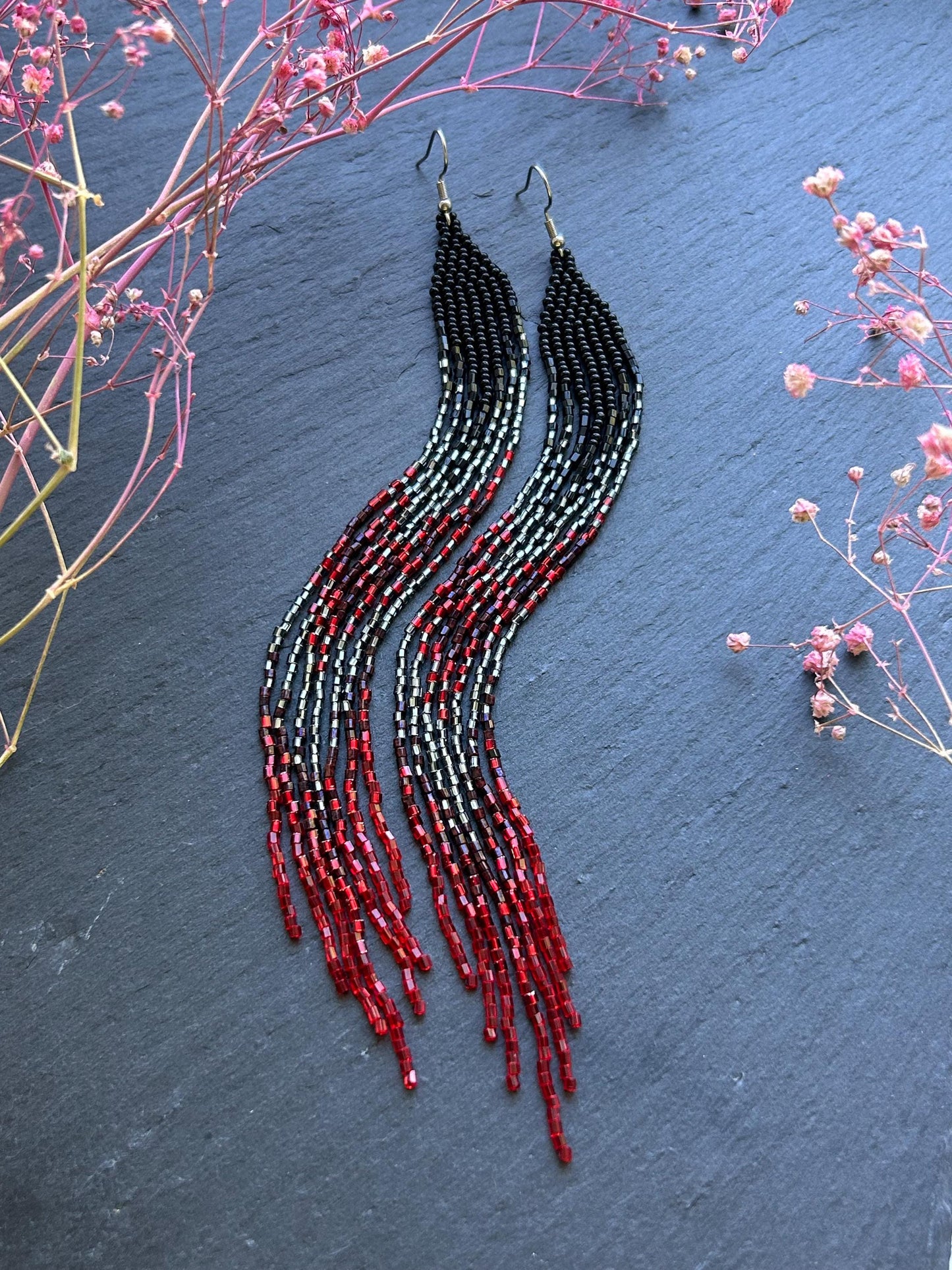 Handmade long beaded earrings in black, gray, and red ombre with flowing fringe. Boho statement jewelry, unique gift for lovers of artisan style image 1