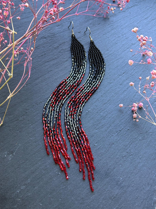 Handmade long beaded earrings in black, gray, and red ombre with flowing fringe. Boho statement jewelry, unique gift for lovers of artisan style image 1