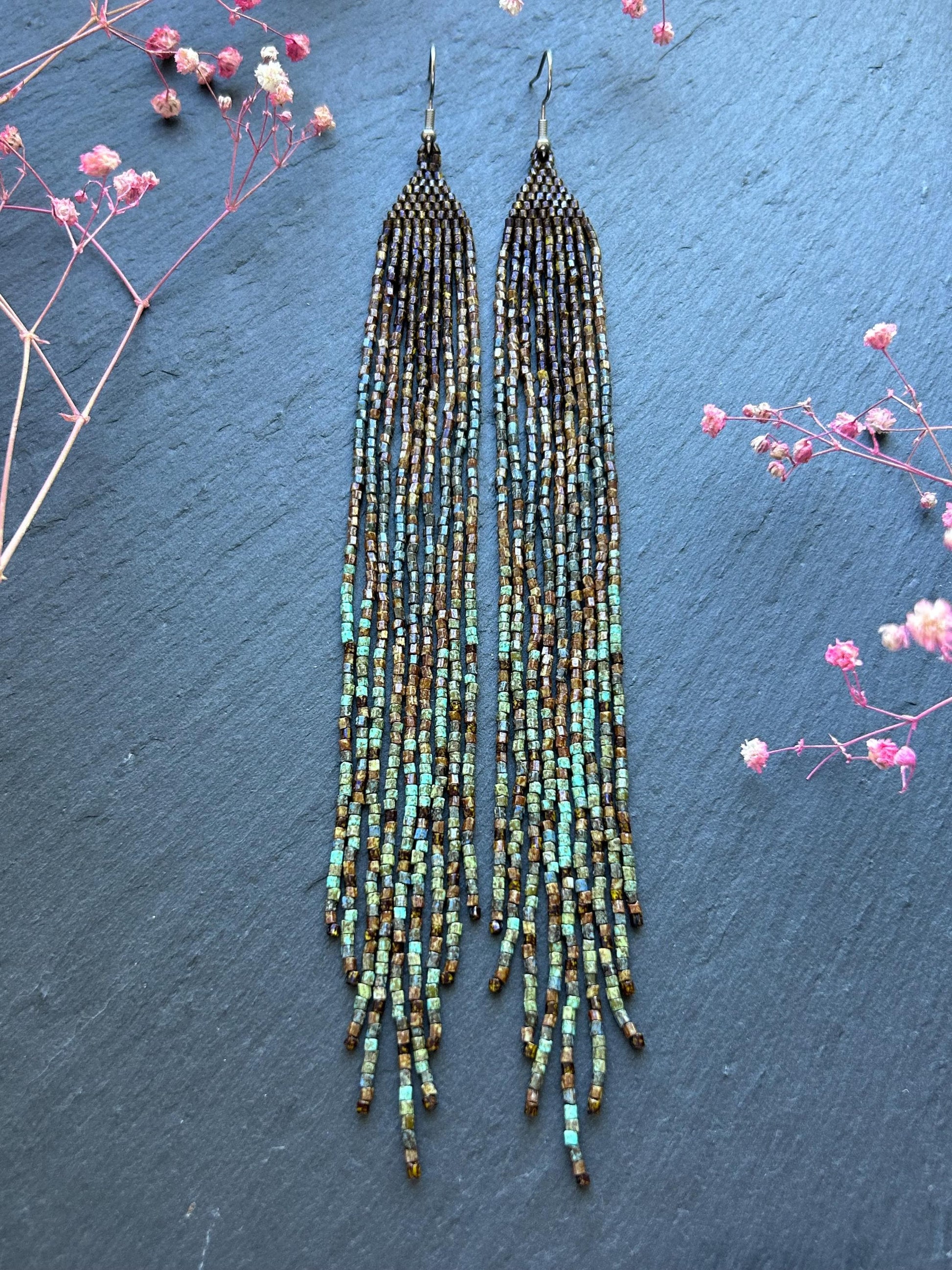 Handmade long green and turquoise beaded boho earrings with flowing fringe image 3