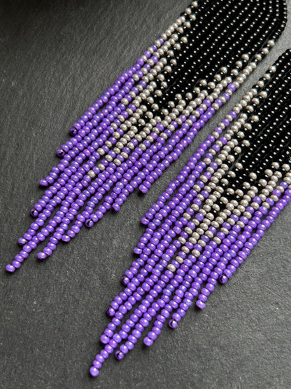 Long handmade black earrings with purple ombre and flowing fringe. Unique boho statement jewelry with elegant design, perfect gift for handmade jewelry lovers image 4
