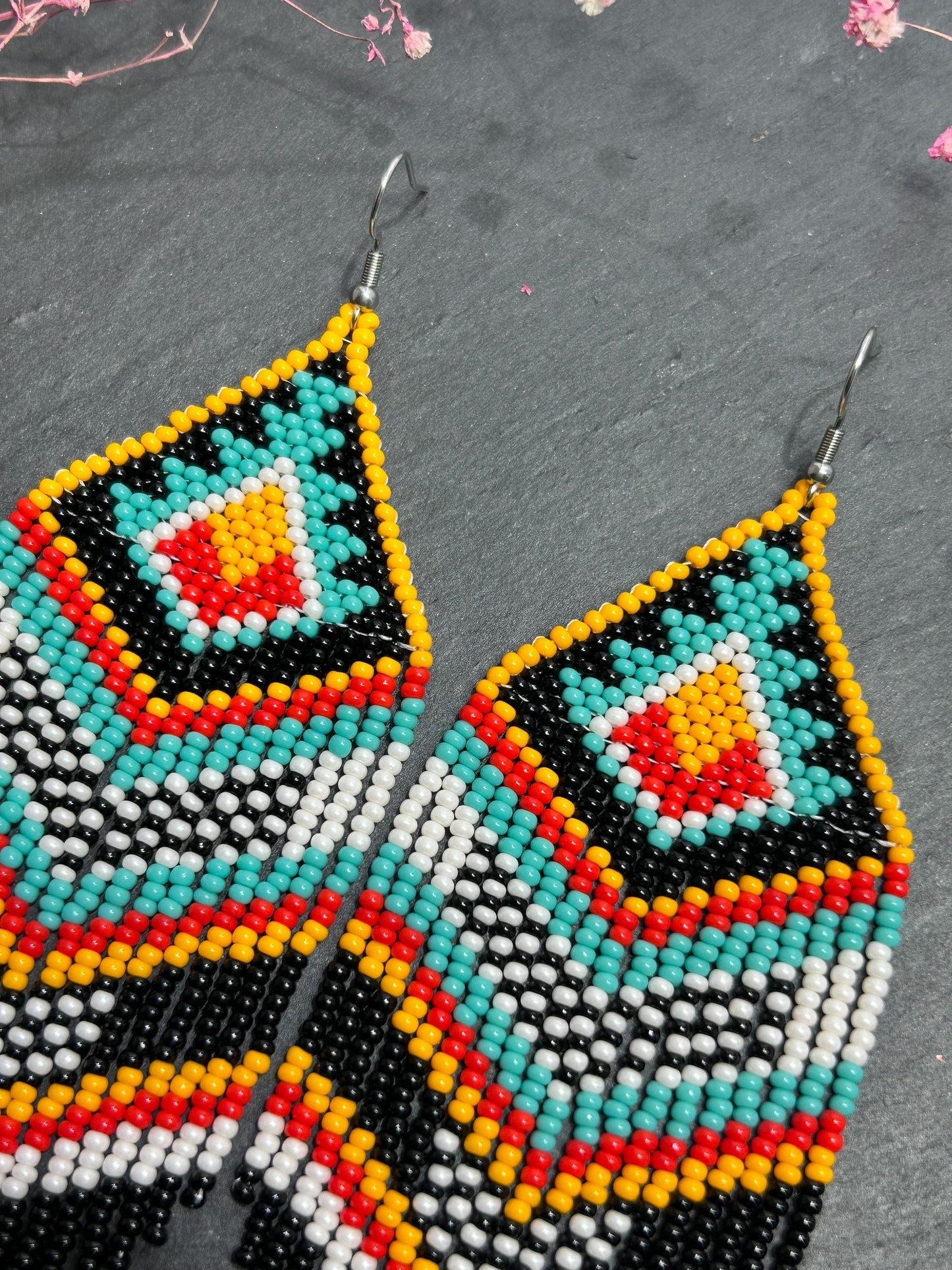 Bright handmade beaded fringe earrings in black, white, turquoise, red and orange with Native American motif. Statement boho earrings for women, perfect gift image 4