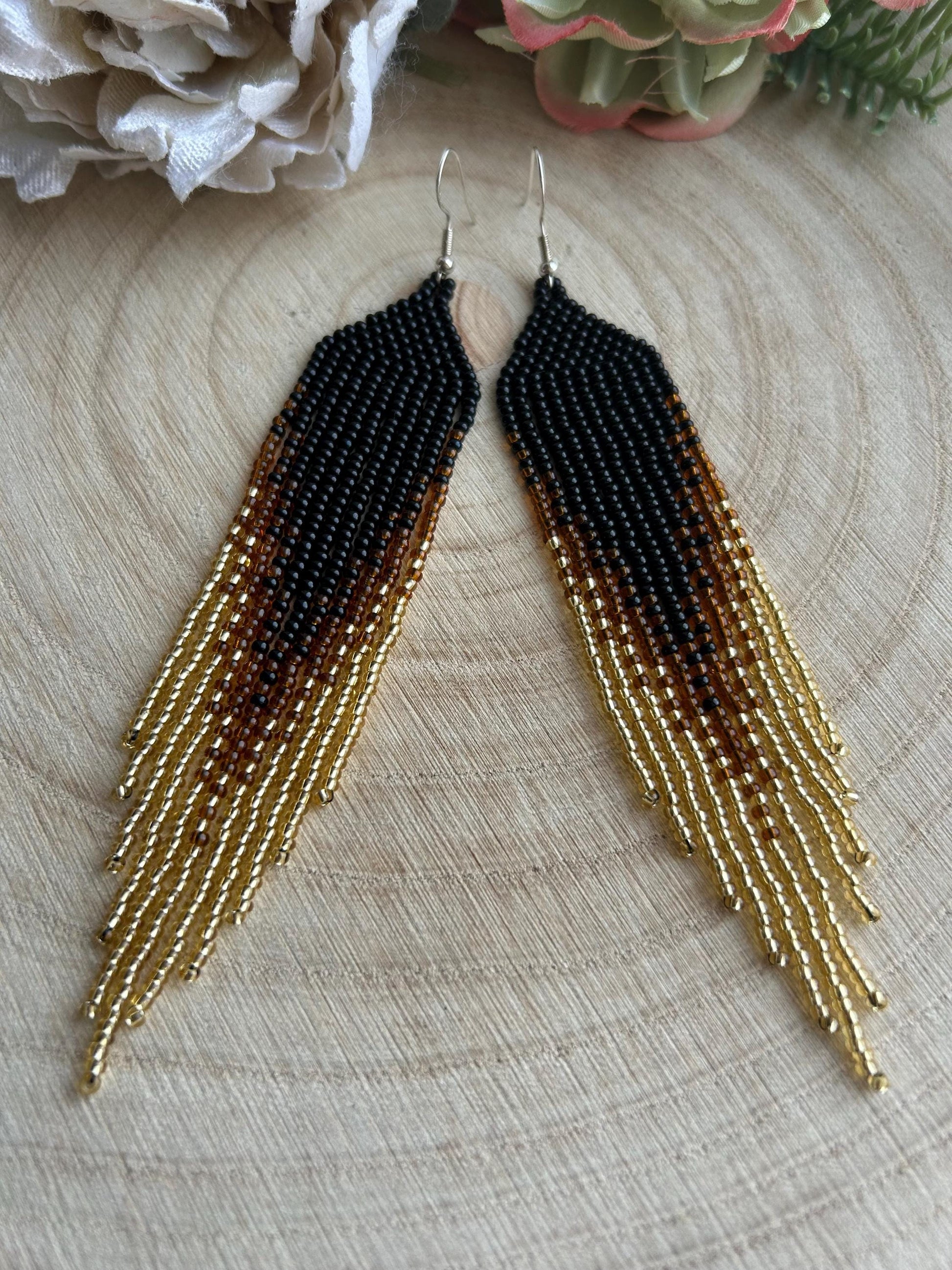 Handmade black beaded earrings with gold ombre and boho fringe. Unique statement jewelry with elegant shimmer, perfect gift for lovers of artisan style image 9