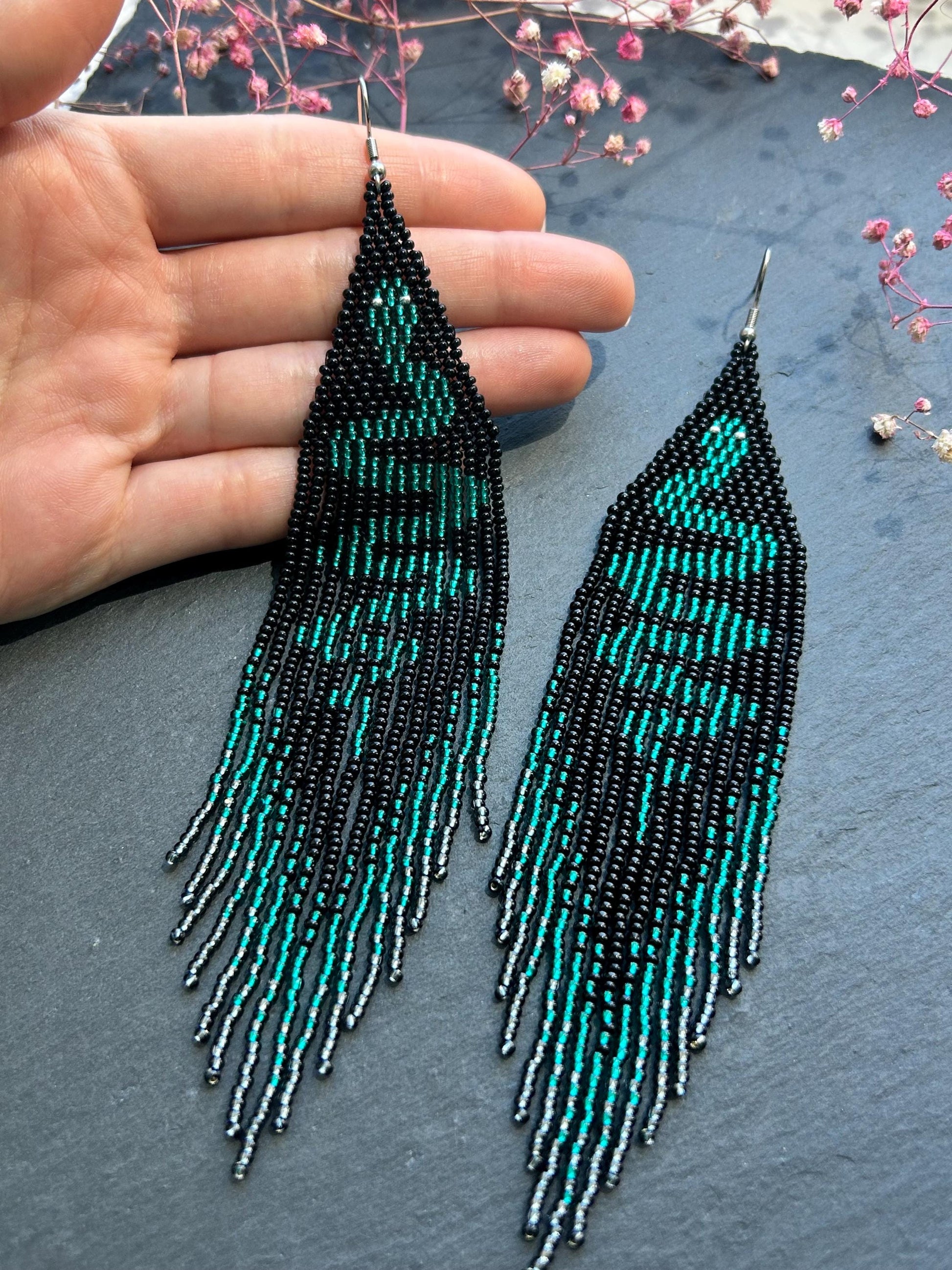 Handmade long beaded earrings with green snake design in boho style. Unique statement jewelry with fringe, perfect gift and standout accessory for any look image 6