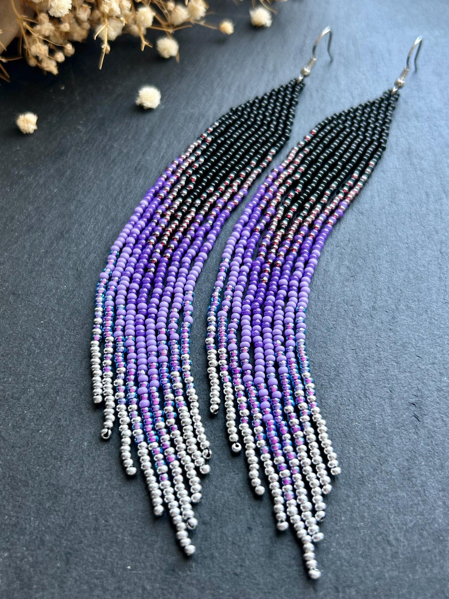 Long black beaded earrings in purple ombré style with fringe and silver tips. Handmade boho jewelry that is unique, vibrant, and adds elegance and movement  image 7