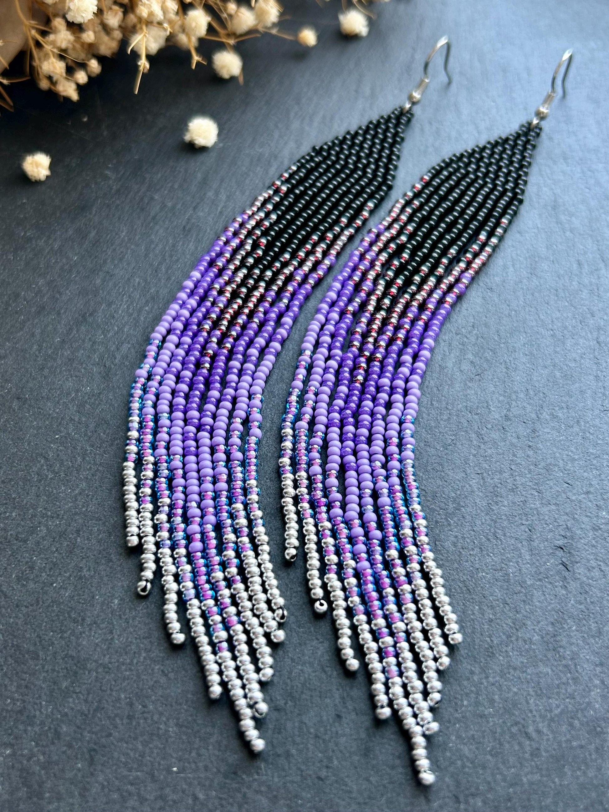 Long black beaded earrings in purple ombré style with fringe and silver tips. Handmade boho jewelry that is unique, vibrant, and adds elegance and movement  image 7