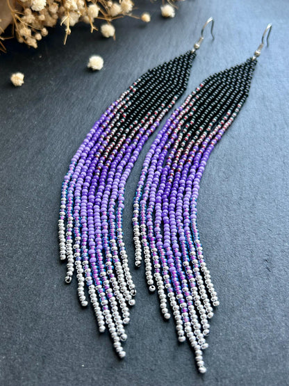 Long black beaded earrings in purple ombré style with fringe and silver tips. Handmade boho jewelry that is unique, vibrant, and adds elegance and movement  image 7