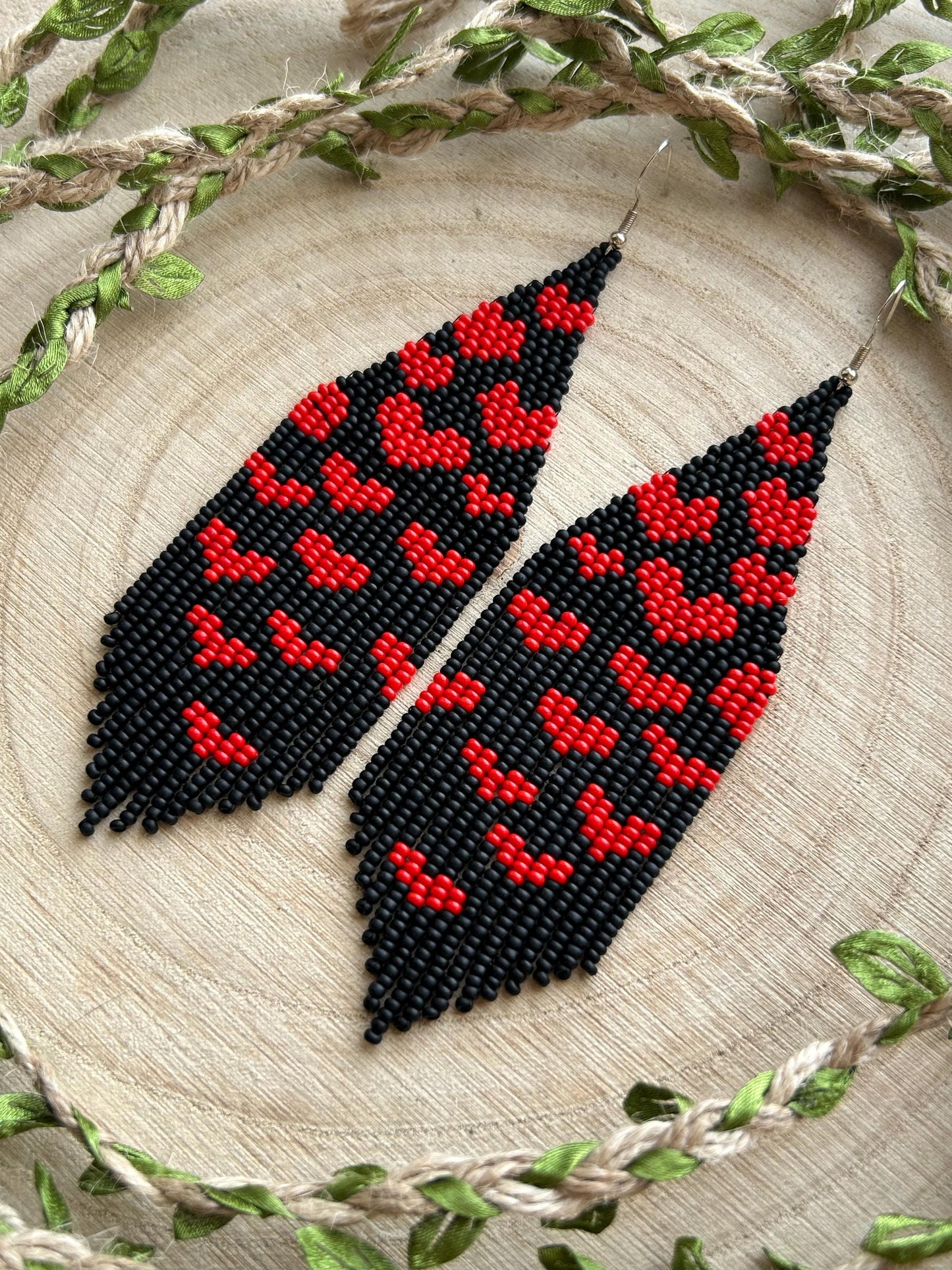 Handmade black beaded earrings with red heart fringe. Unique boho statement jewelry, perfect for Valentine’s Day, romantic gifts, and special occasions  image 10