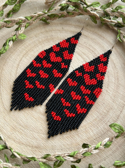 Handmade black beaded earrings with red heart fringe. Unique boho statement jewelry, perfect for Valentine’s Day, romantic gifts, and special occasions  image 10
