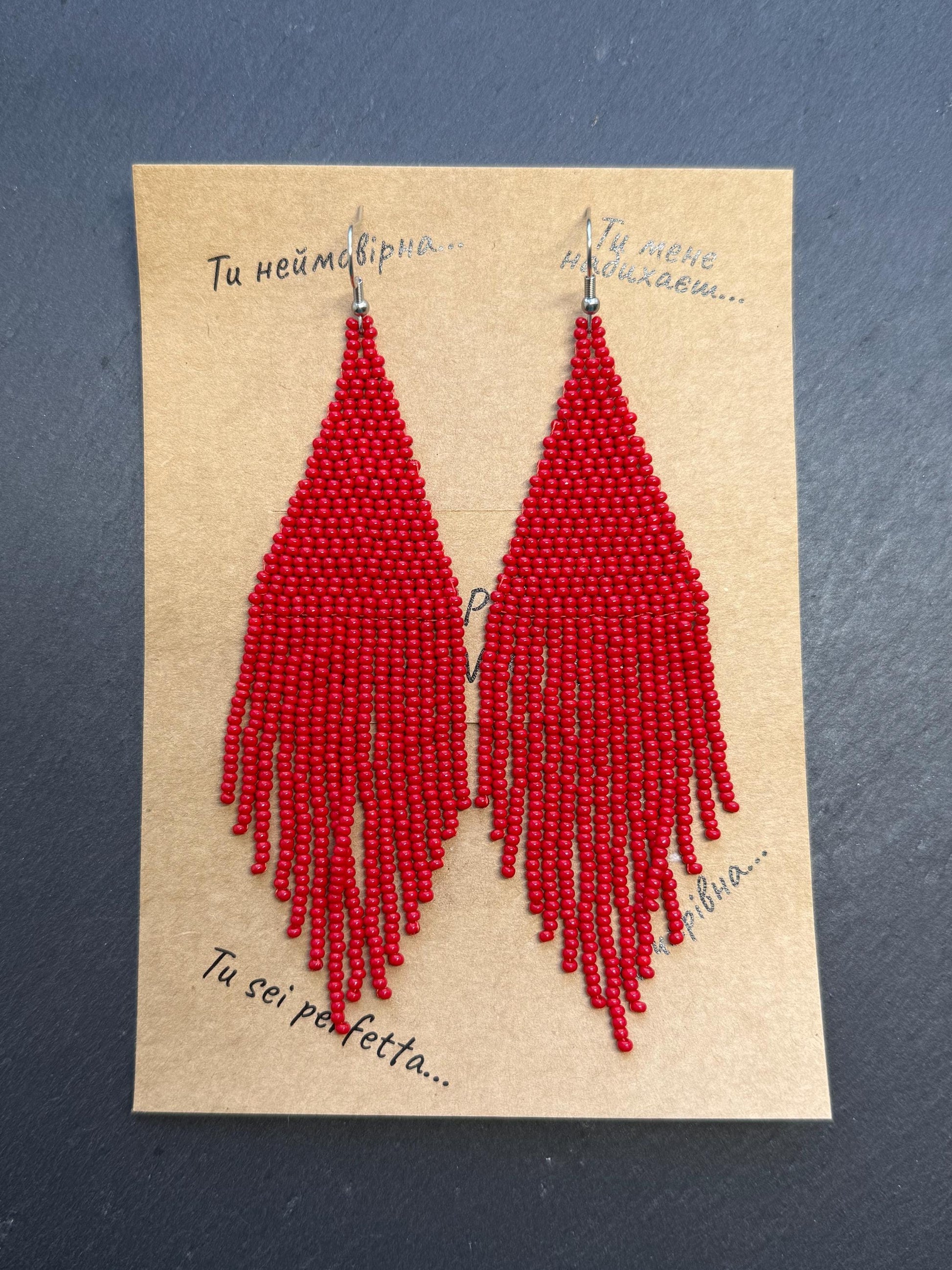 Unique handmade long red beaded dangle earrings with fringe in bright boho style. Modern statement jewelry for women, perfect gift for her imade 9