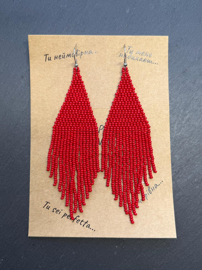 Unique handmade long red beaded dangle earrings with fringe in bright boho style. Modern statement jewelry for women, perfect gift for her imade 9
