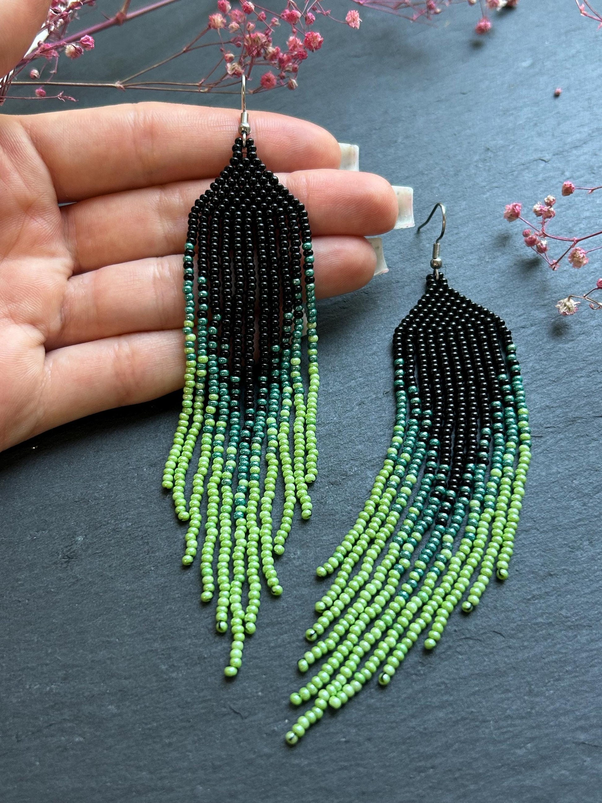 Long ombre beaded earrings in black and green with delicate fringe. Unique handmade jewelry for women, combining modern style with effortless elegance image 7