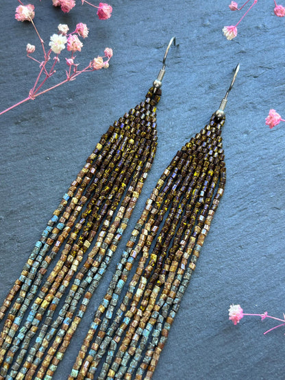 Handmade long green and turquoise beaded boho earrings with flowing fringe image 4