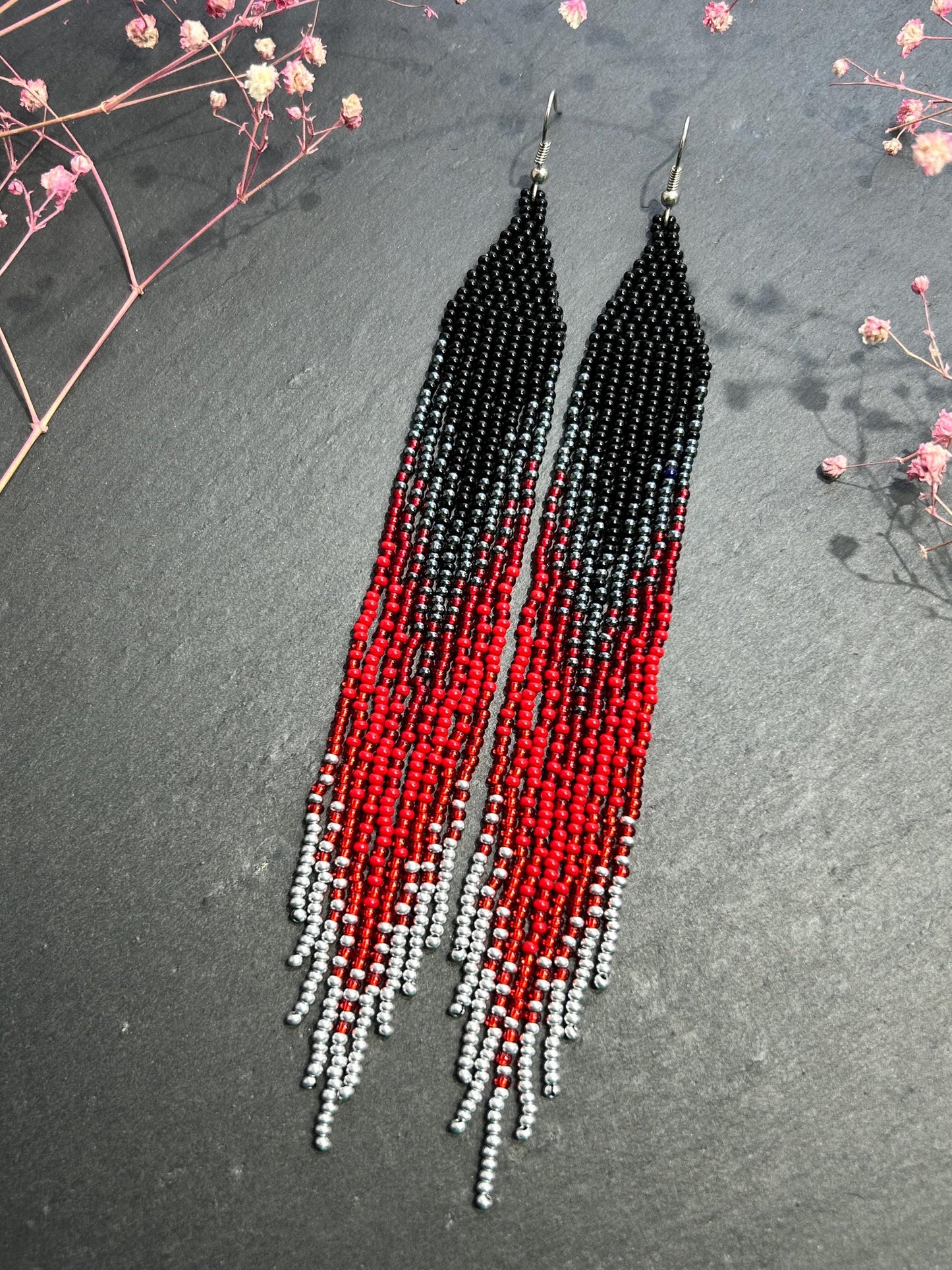Long black and red ombre handmade beaded earrings with flowing fringe. Unique boho statement jewelry, perfect gift for women image 2