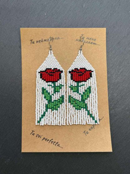 Unique long white beaded earrings with bright red rose and boho fringe. Handmade modern statement earrings for women, perfect gift for her image 11