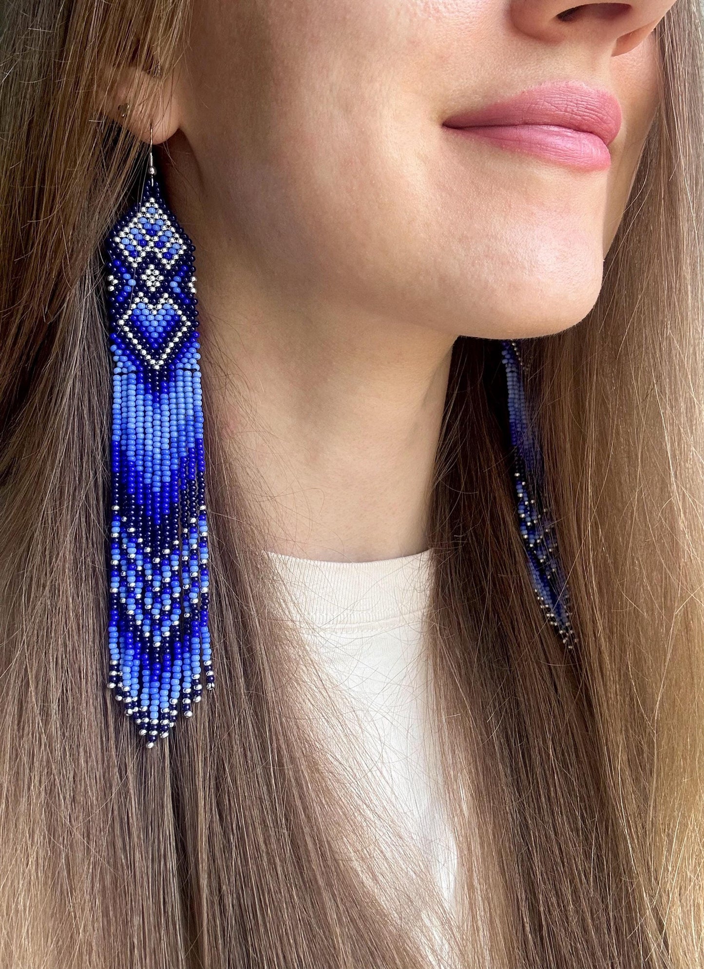 Handmade long blue beaded boho earrings with fringe and silver accents. Native style statement jewelry, unique artisanal accessory for bold style image 1