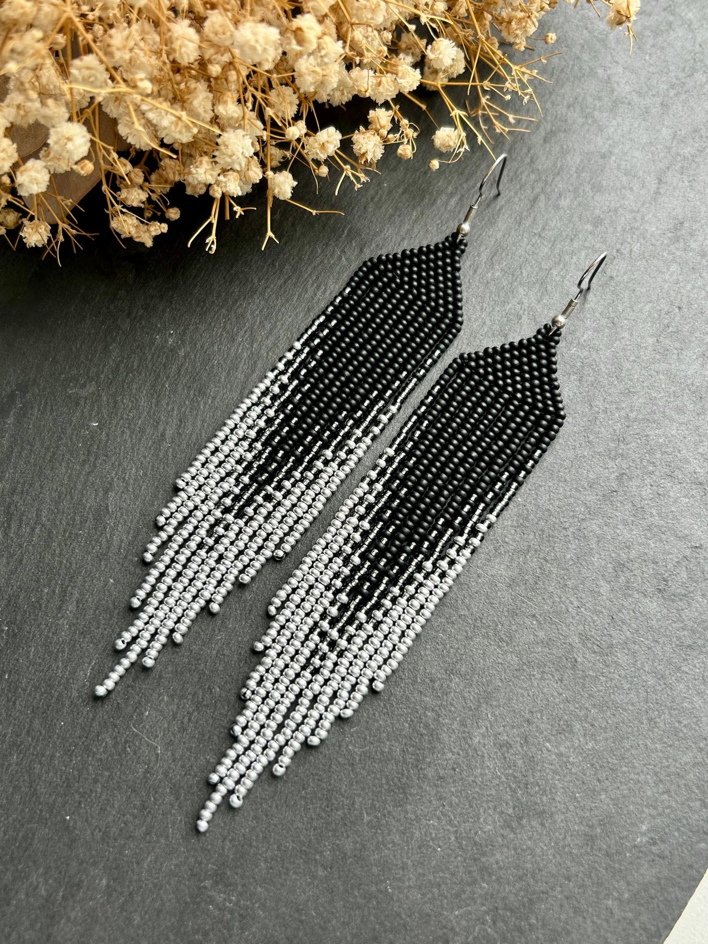 Long black matte beaded earrings with silver ombre fringe. Unique, vibrant, cute statement handmade boho earrings for women, eye-catching and perfect as a gift for her or for everyday wear image 4