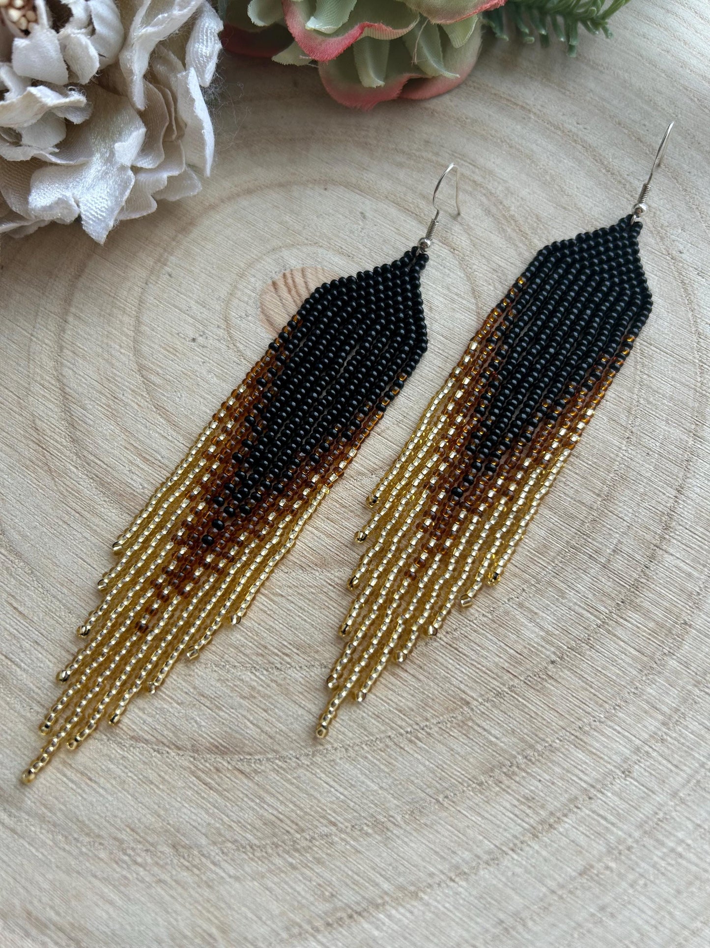 Handmade black beaded earrings with gold ombre and boho fringe. Unique statement jewelry with elegant shimmer, perfect gift for lovers of artisan style image 10