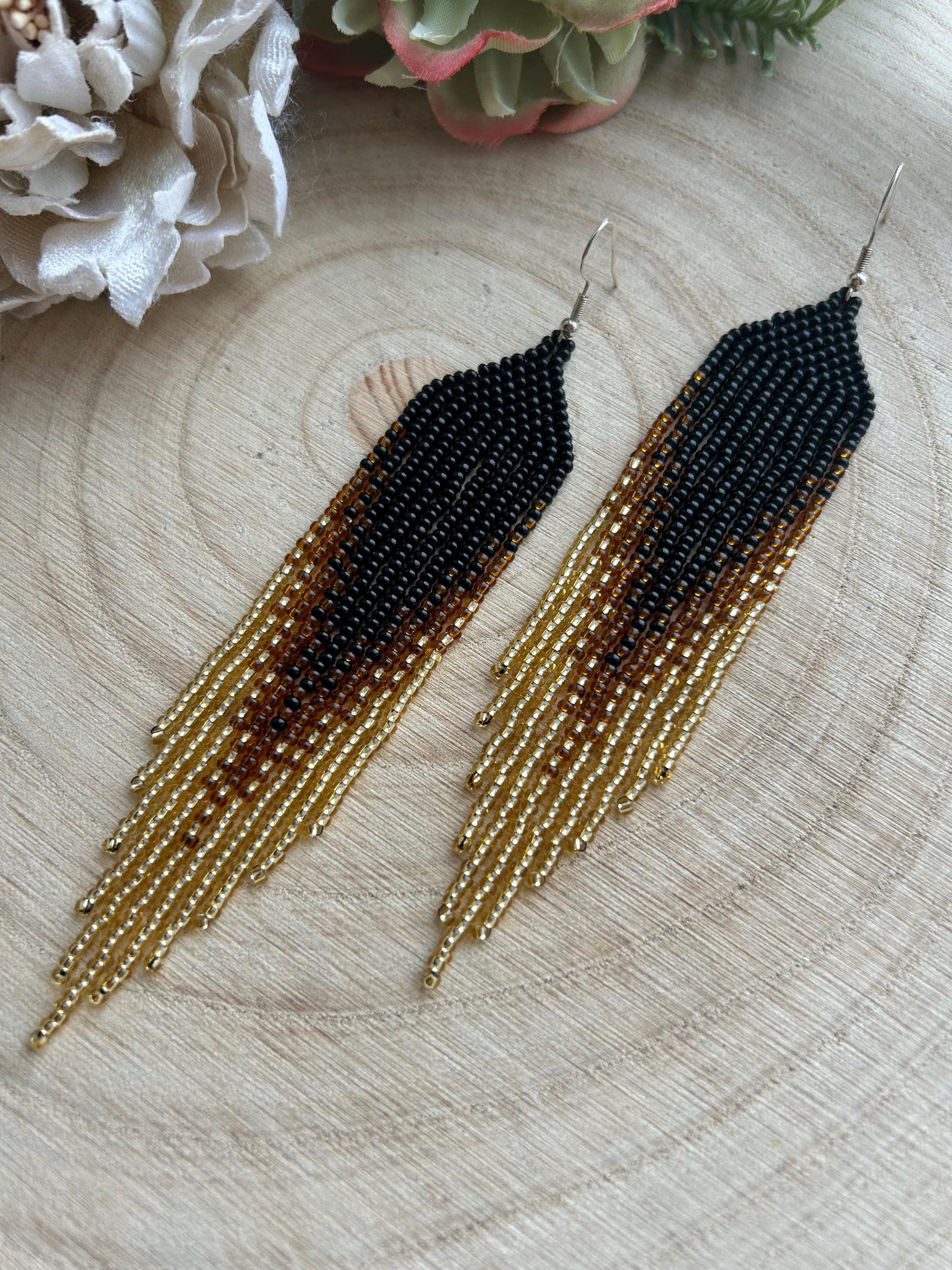 Handmade black beaded earrings with gold ombre and boho fringe. Unique statement jewelry with elegant shimmer, perfect gift for lovers of artisan style image 10