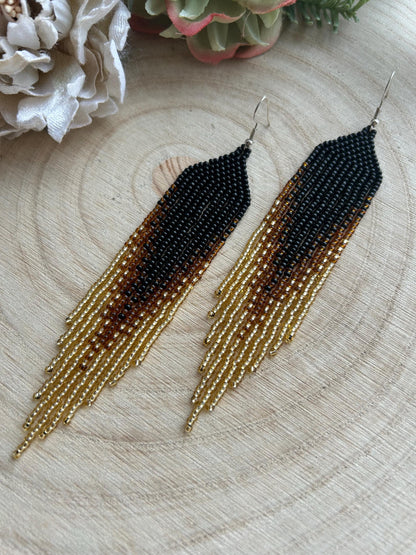 Handmade black beaded earrings with gold ombre and boho fringe. Unique statement jewelry with elegant shimmer, perfect gift for lovers of artisan style image 10