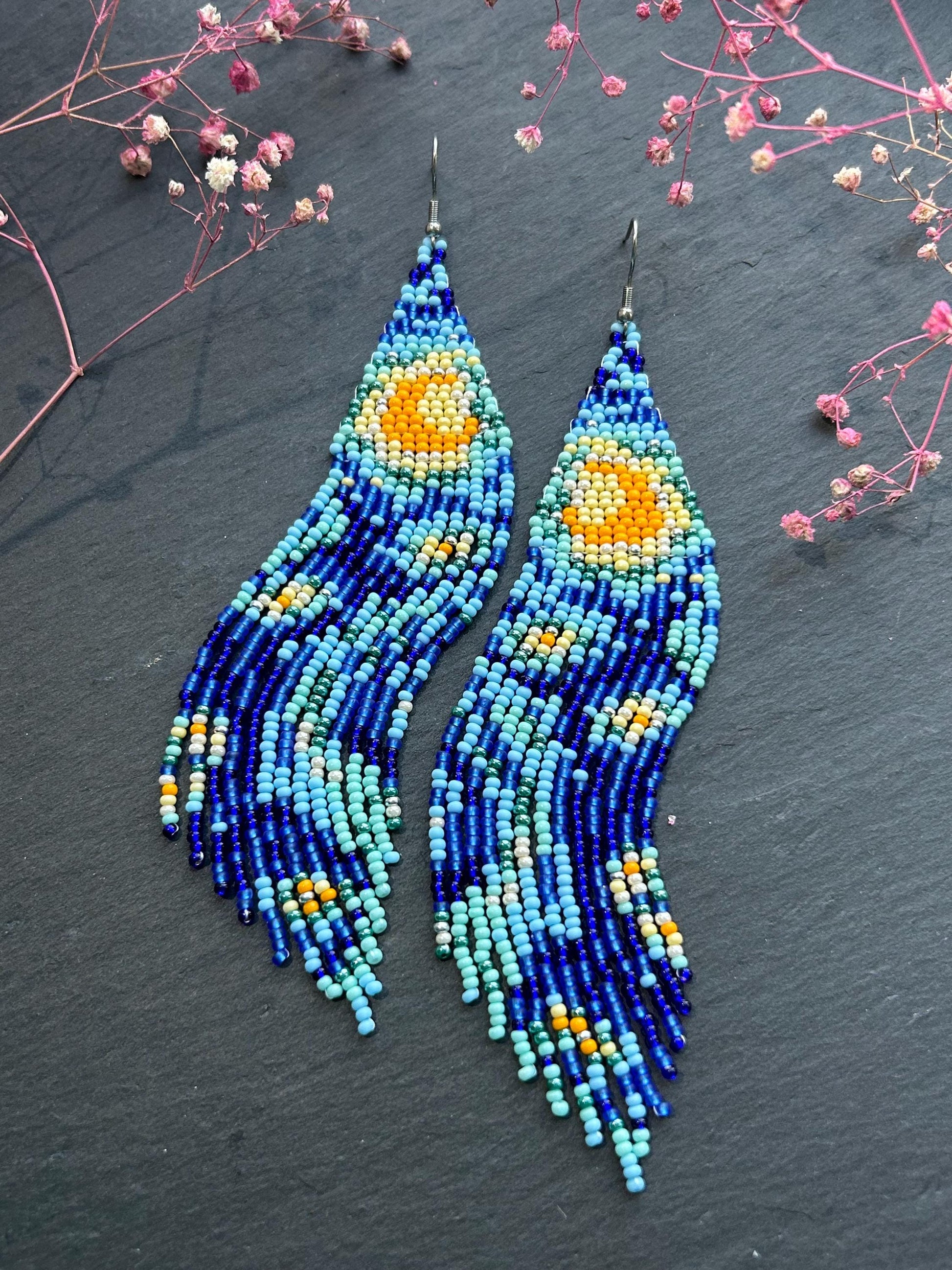 Long handmade “Starry Night” earrings with blue, yellow, and turquoise beads. Unique Boho statement jewelry inspired by Van Gogh, perfect for creative and artistic style image 6