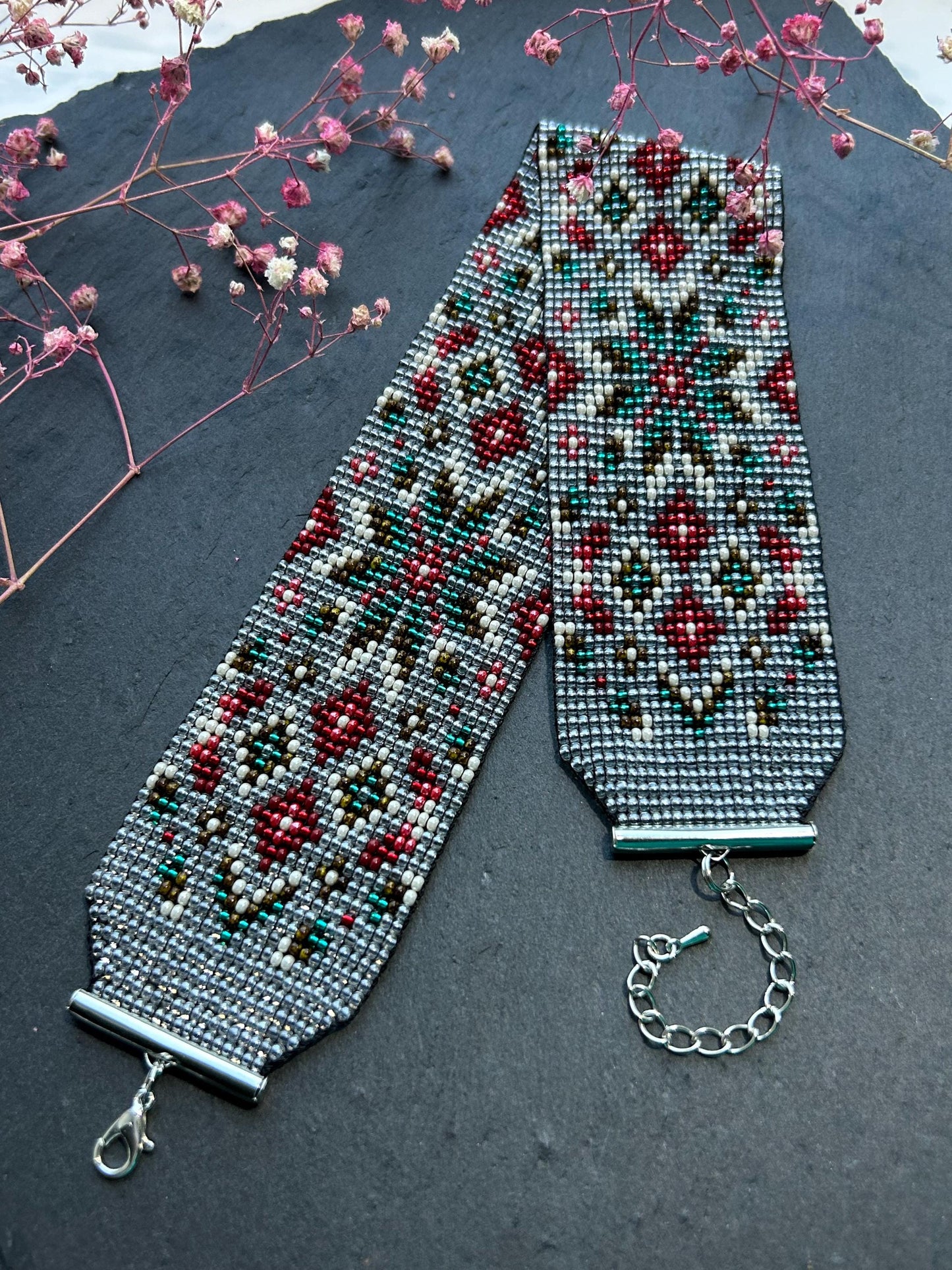 Unique handmade beaded choker necklace with green star and red details. Boho ethnic statement choker, perfect for festival, party, or everyday bohemian style  image 6