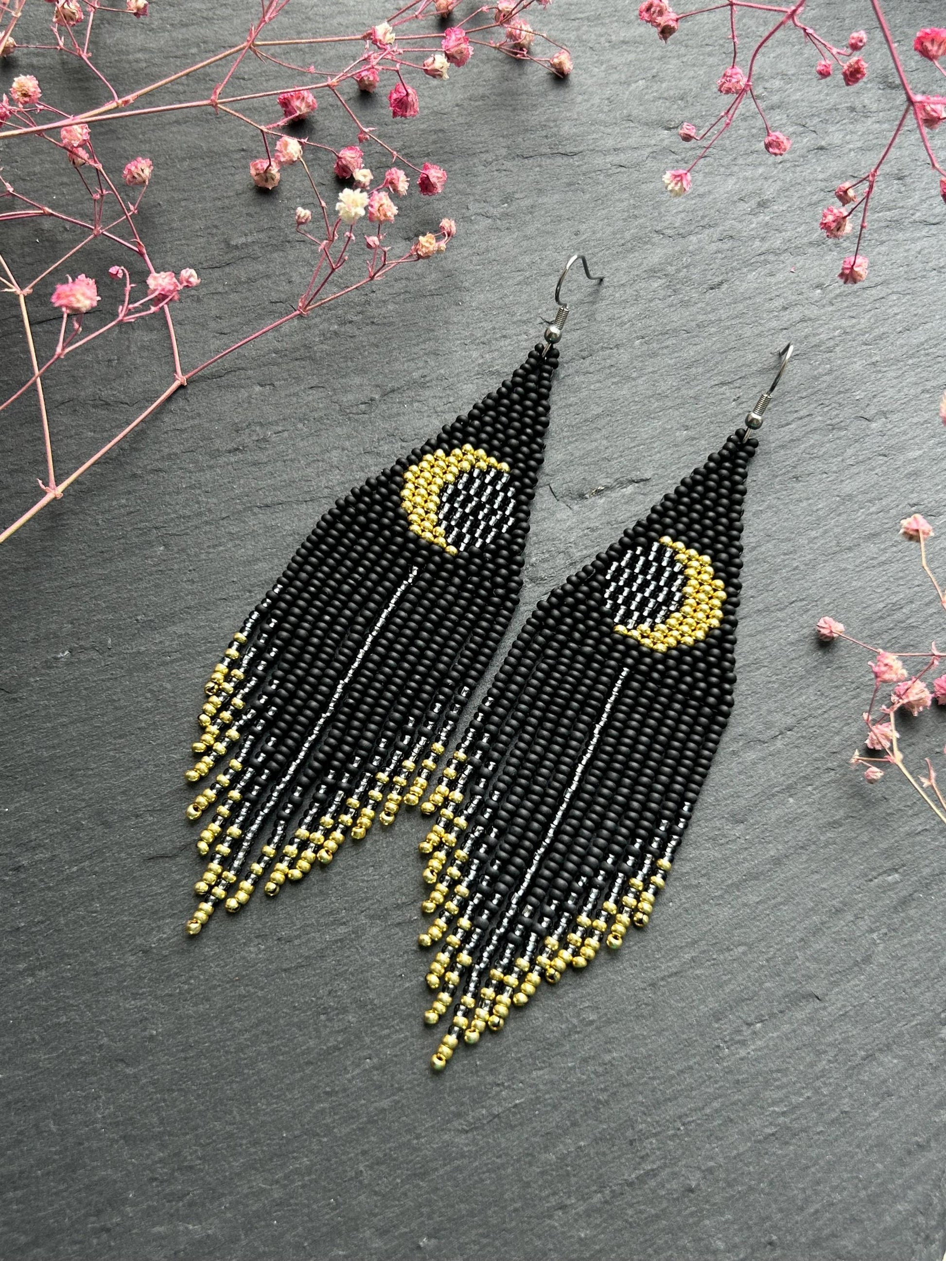 Handmade long black beaded earrings with golden lunar eclipse design and boho fringe. Unique statement jewelry image 2