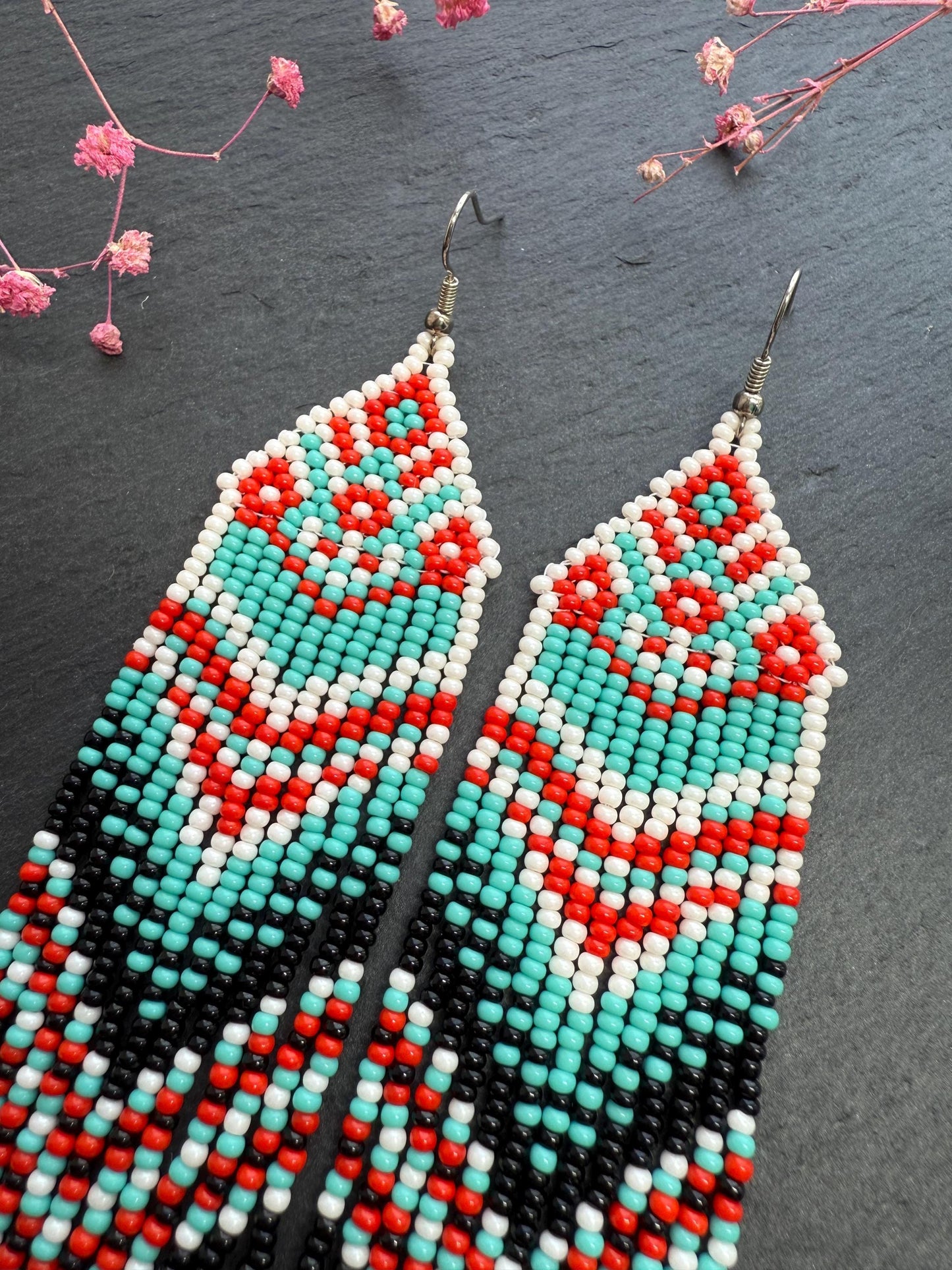 Handmade long bright beaded fringe earrings in red, black and turquoise. Native American motif, boho statement dangle earrings for women, unique gift for her image 4