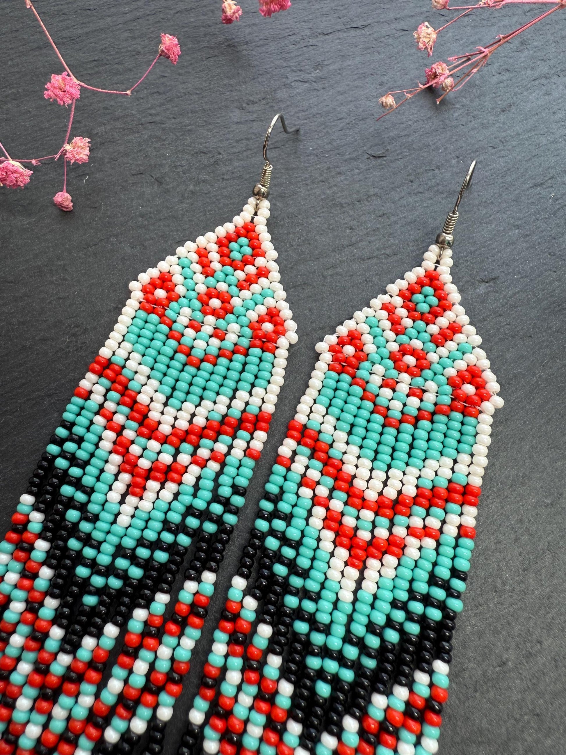 Handmade long bright beaded fringe earrings in red, black and turquoise. Native American motif, boho statement dangle earrings for women, unique gift for her image 4