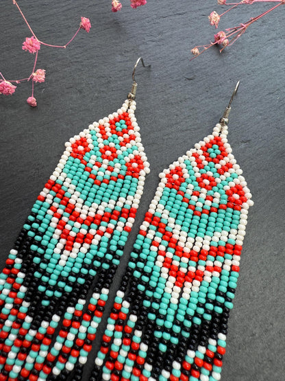 Handmade long bright beaded fringe earrings in red, black and turquoise. Native American motif, boho statement dangle earrings for women, unique gift for her image 4