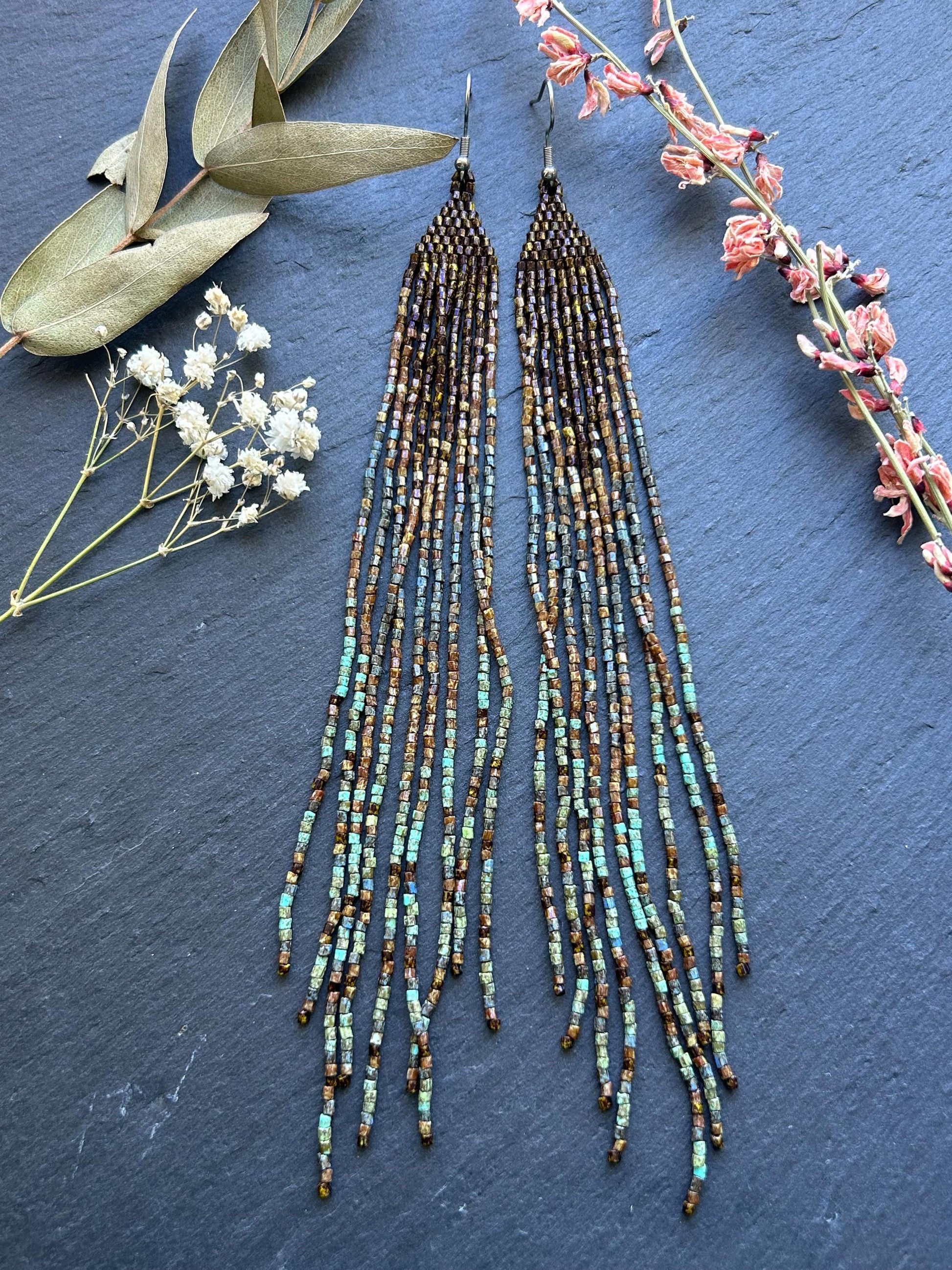 Handmade long green and turquoise beaded boho earrings with flowing fringe image 8