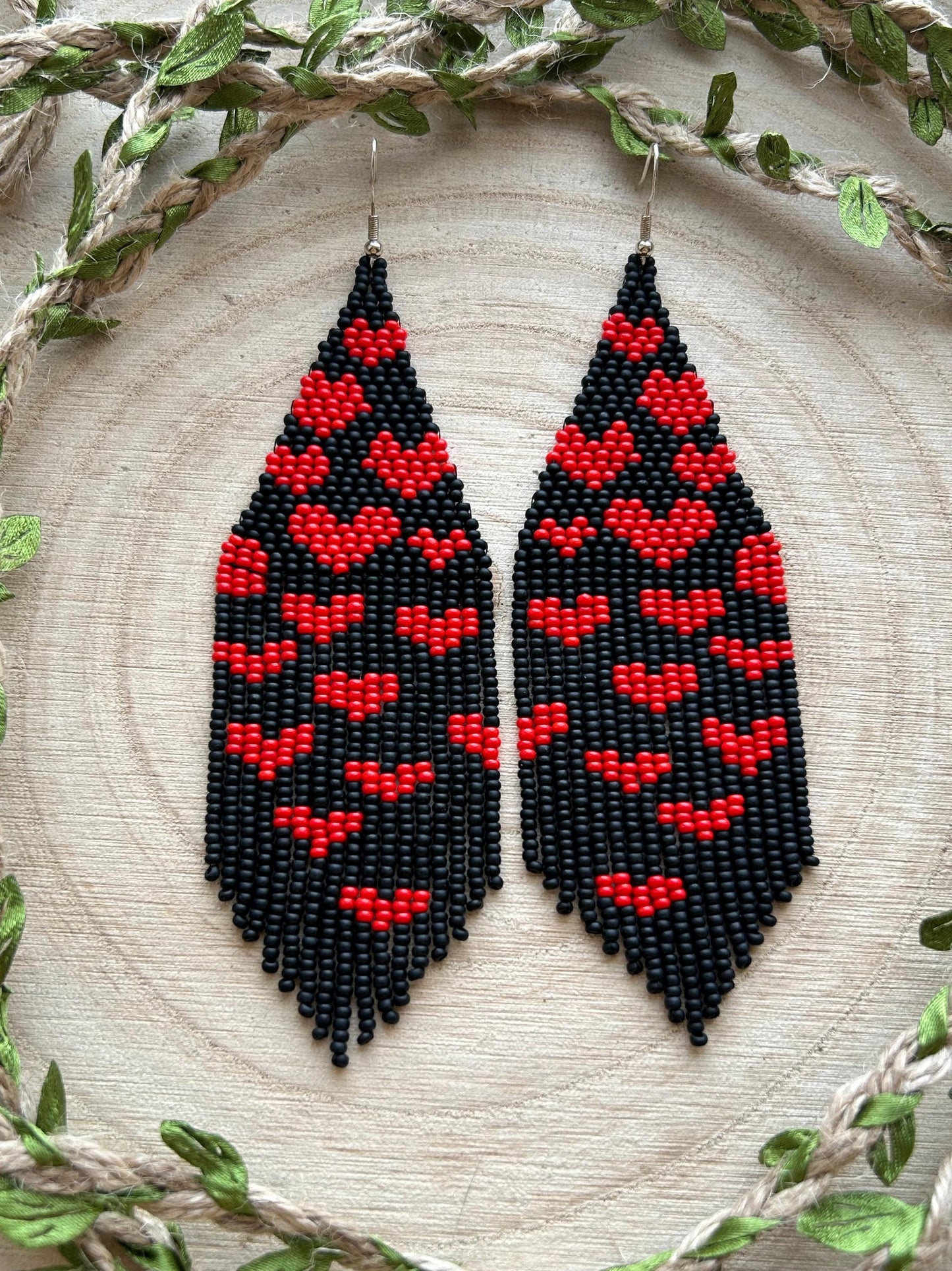 Handmade black beaded earrings with red heart fringe. Unique boho statement jewelry, perfect for Valentine’s Day, romantic gifts, and special occasions  image 9
