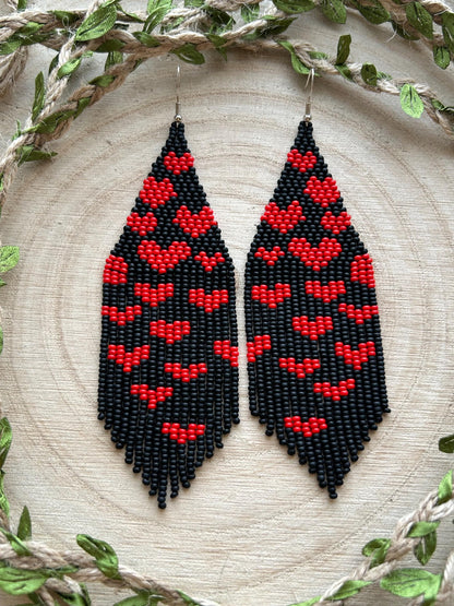 Handmade black beaded earrings with red heart fringe. Unique boho statement jewelry, perfect for Valentine’s Day, romantic gifts, and special occasions  image 9