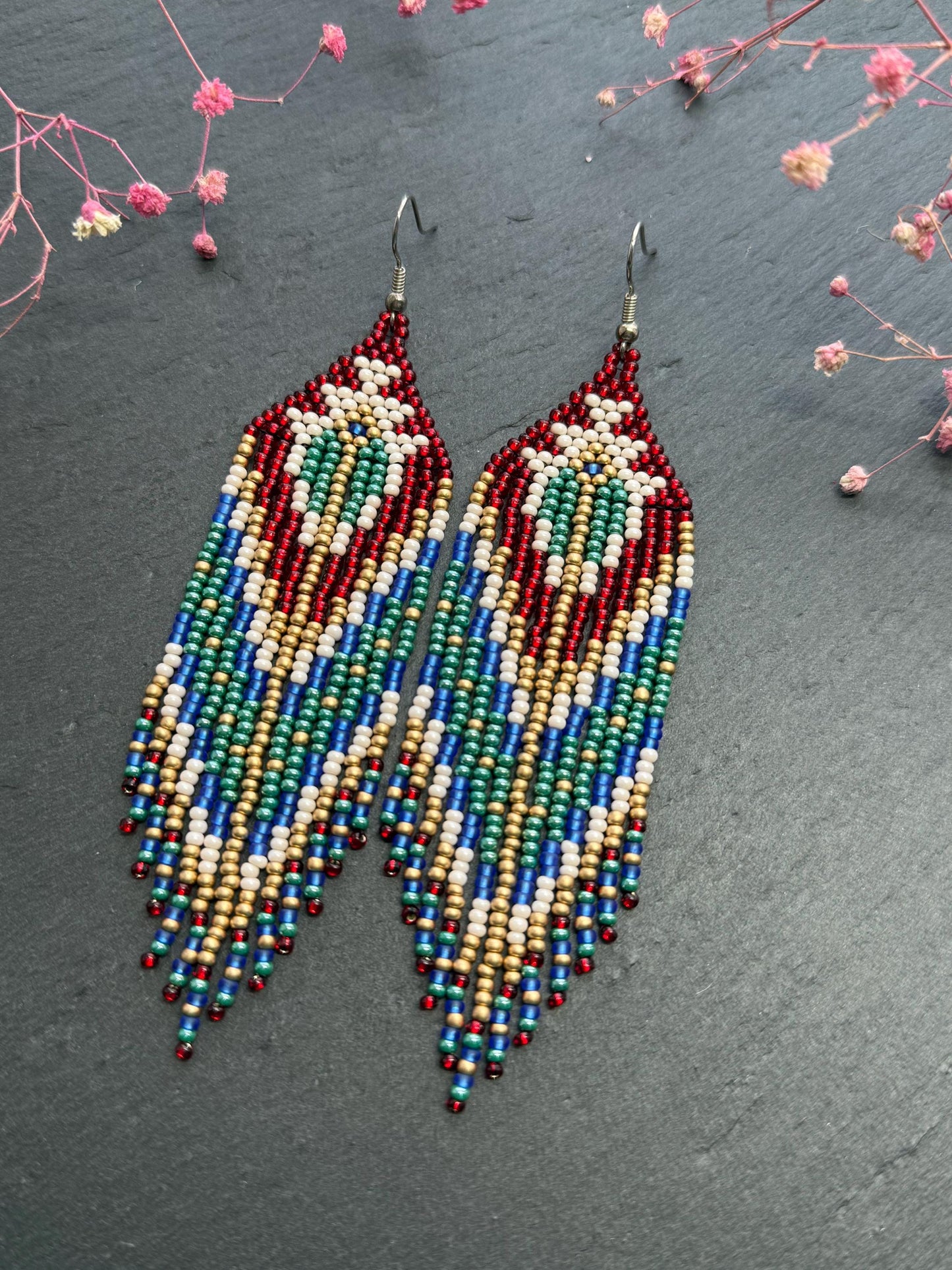 Unique handmade long beaded boho earrings in red, green, copper, blue, and beige. Native American statement earrings for women, unique gift for her image 11