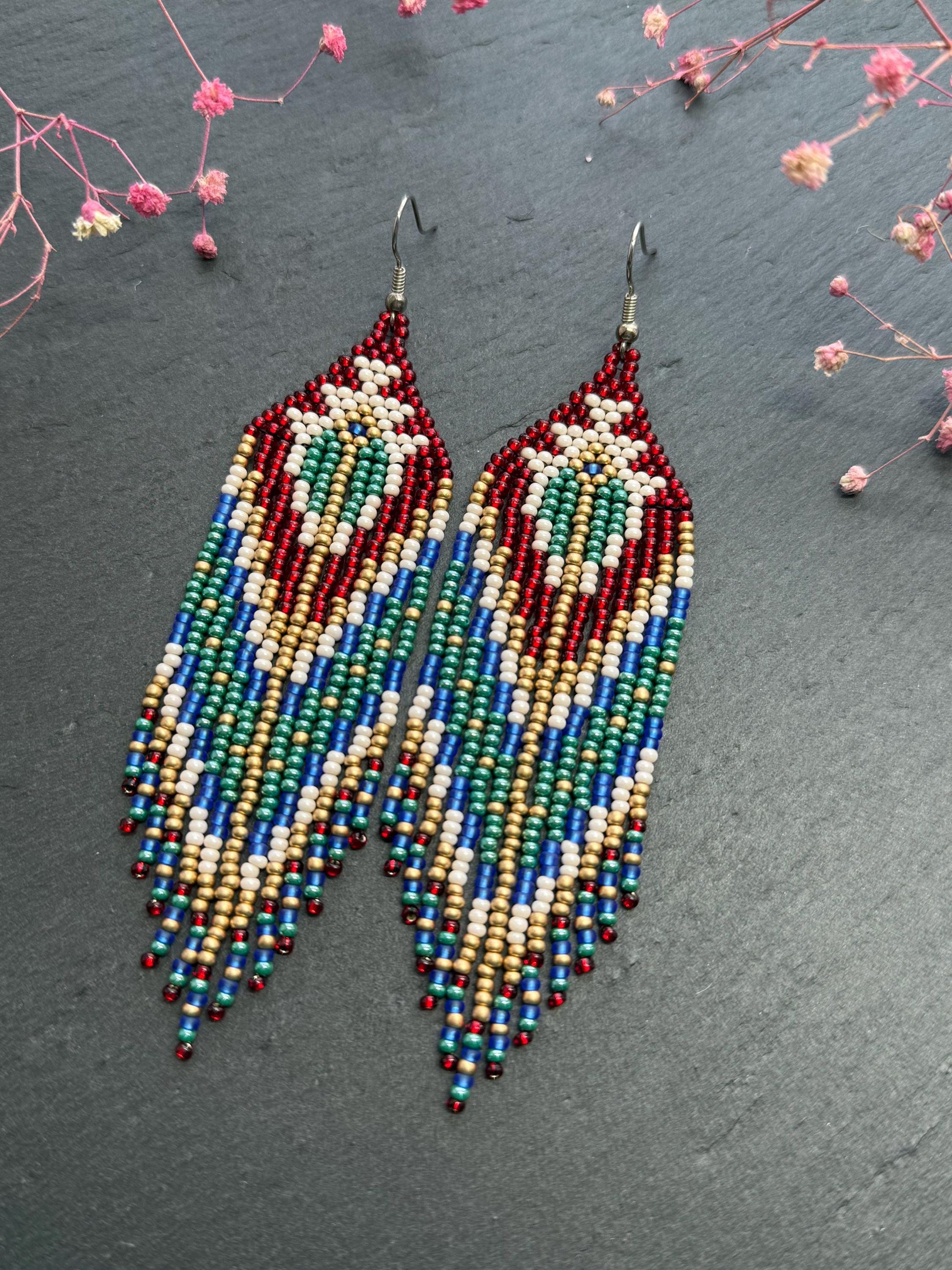 Unique handmade long beaded boho earrings in red, green, copper, blue, and beige. Native American statement earrings for women, unique gift for her image 11