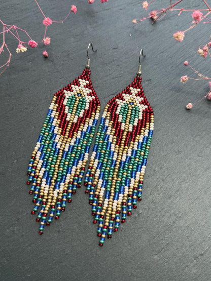 Unique handmade long beaded boho earrings in red, green, copper, blue, and beige. Native American statement earrings for women, unique gift for her image 11