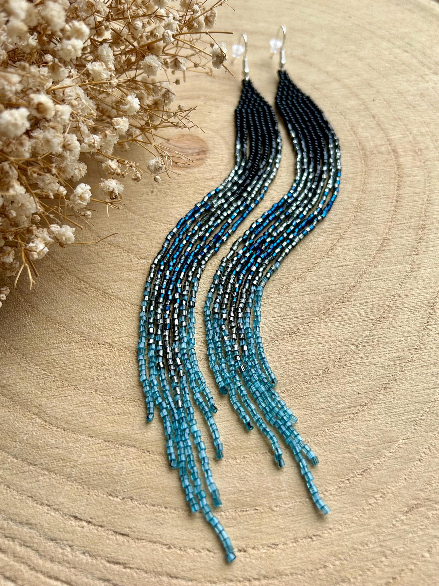 Long handmade black beaded earrings with blue gray ombre and flowing fringe. Boho statement jewelry, unique accessory for elegant style image 10