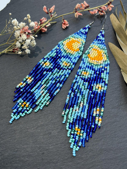 Long handmade “Starry Night” earrings with blue, yellow, and turquoise beads. Unique Boho statement jewelry inspired by Van Gogh, perfect for creative and artistic style image 8