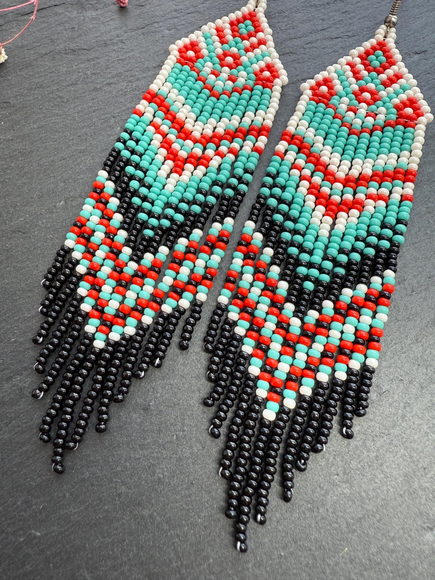 Handmade long bright beaded fringe earrings in red, black and turquoise. Native American motif, boho statement dangle earrings for women, unique gift for her image 5