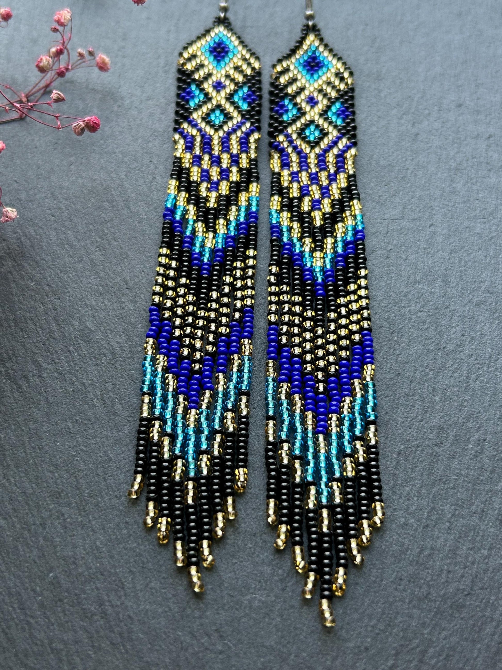Handmade long black, blue, and gold beaded earrings with Native American ethnic design and fringe. Unique statement boho earrings for women image 5