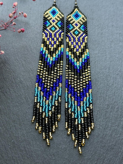 Handmade long black, blue, and gold beaded earrings with Native American ethnic design and fringe. Unique statement boho earrings for women image 5