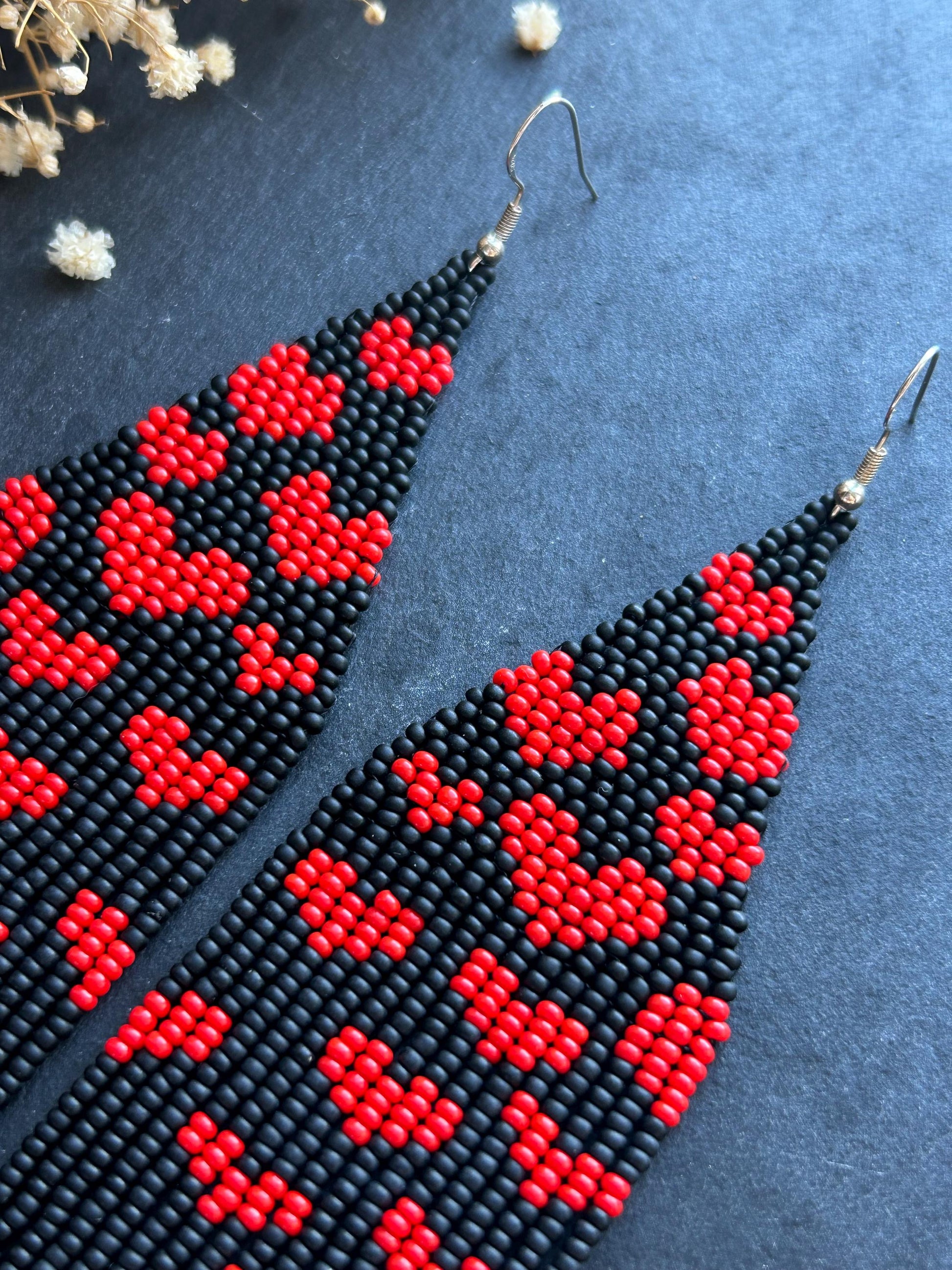 Handmade black beaded earrings with red heart fringe. Unique boho statement jewelry, perfect for Valentine’s Day, romantic gifts, and special occasions  image 4