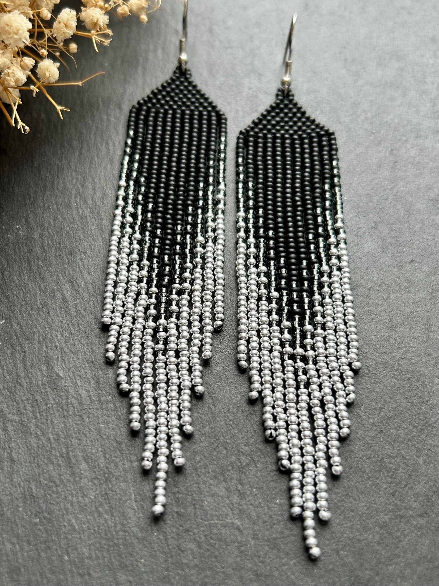 Long black matte beaded earrings with silver ombre fringe. Unique, vibrant, cute statement handmade boho earrings for women, eye-catching and perfect as a gift for her or for everyday wear image 6