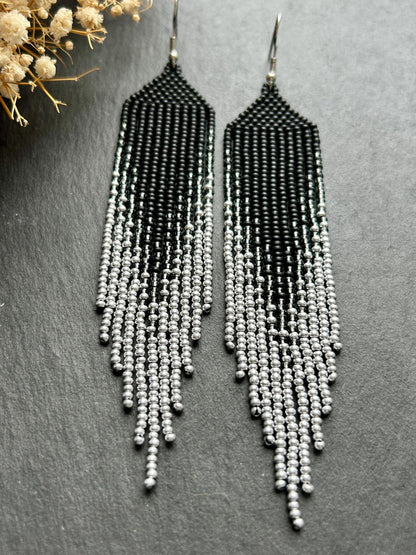 Long black matte beaded earrings with silver ombre fringe. Unique, vibrant, cute statement handmade boho earrings for women, eye-catching and perfect as a gift for her or for everyday wear image 6