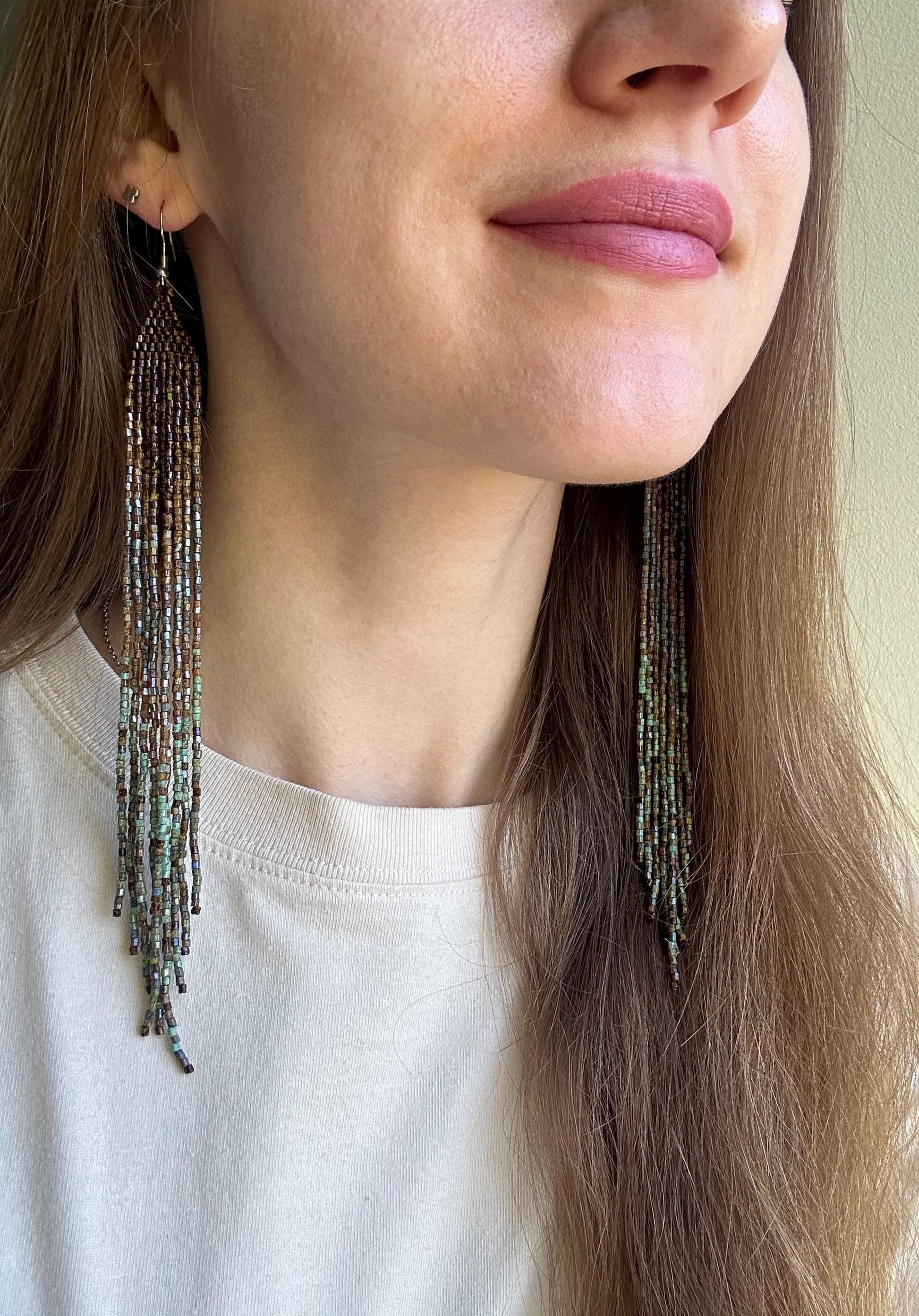 Handmade long green and turquoise beaded boho earrings with flowing fringe image 2