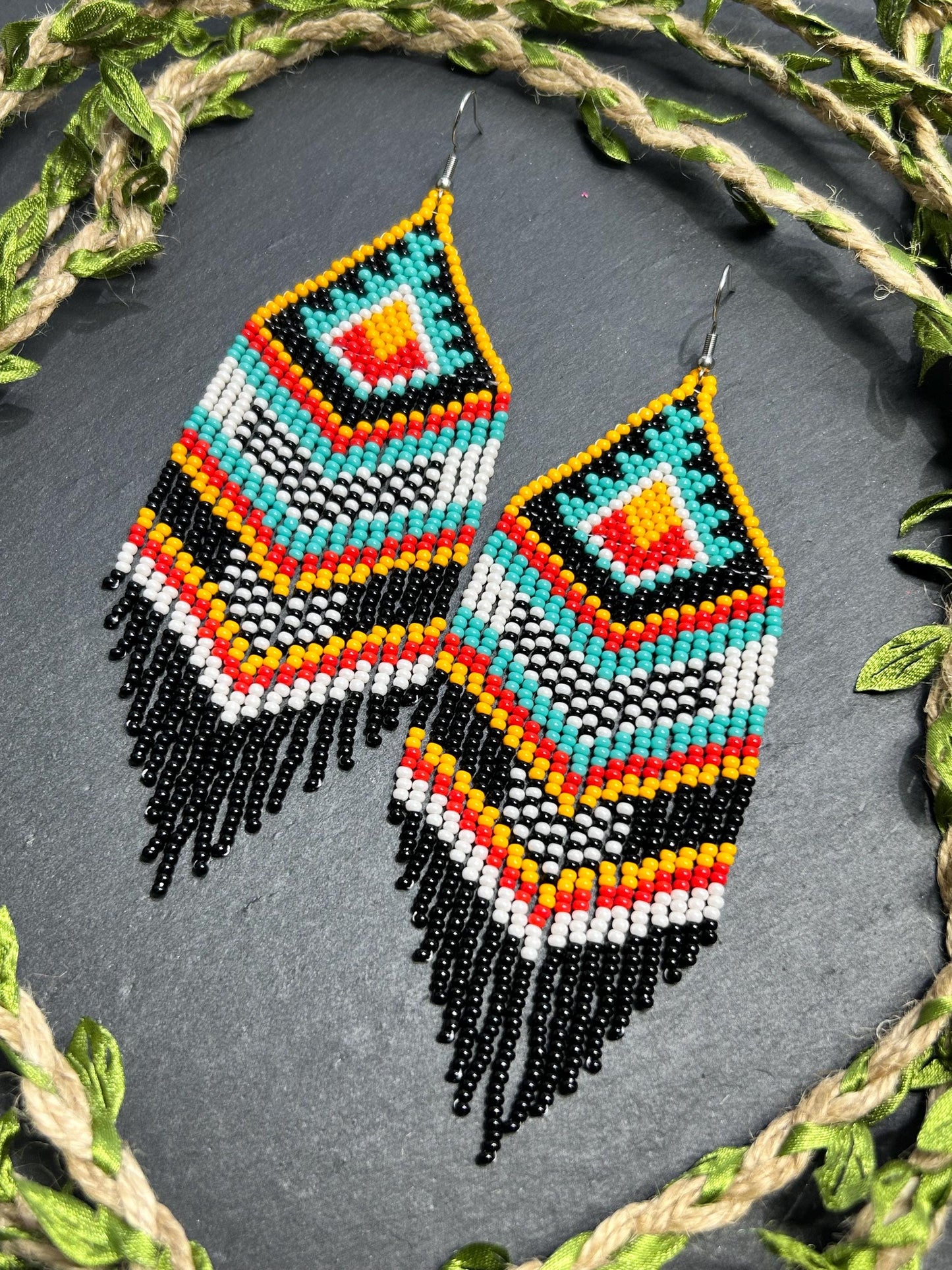Bright handmade beaded fringe earrings in black, white, turquoise, red and orange with Native American motif. Statement boho earrings for women, perfect gift image 11