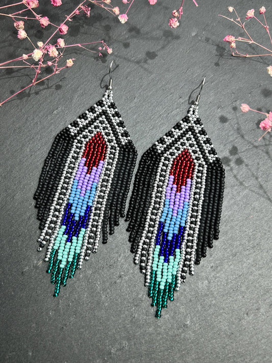 Handmade long black beaded earrings with silver, red, purple and green accents in Native American style. Bright statement boho fringe earrings, perfect gift for women image 2