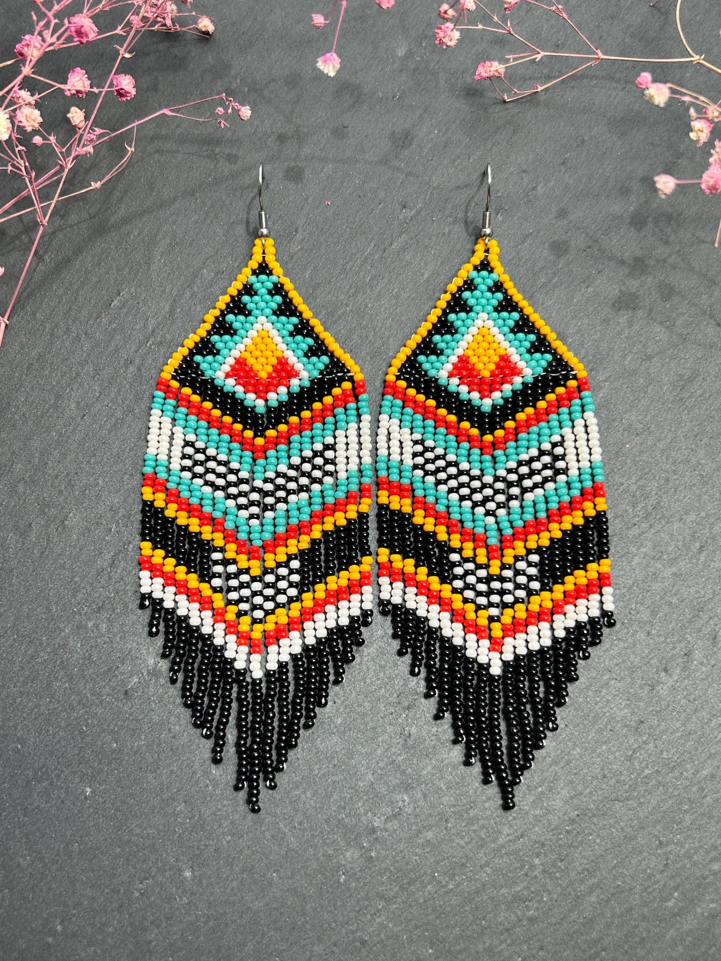 Bright handmade beaded fringe earrings in black, white, turquoise, red and orange with Native American motif. Statement boho earrings for women, perfect gift image 1