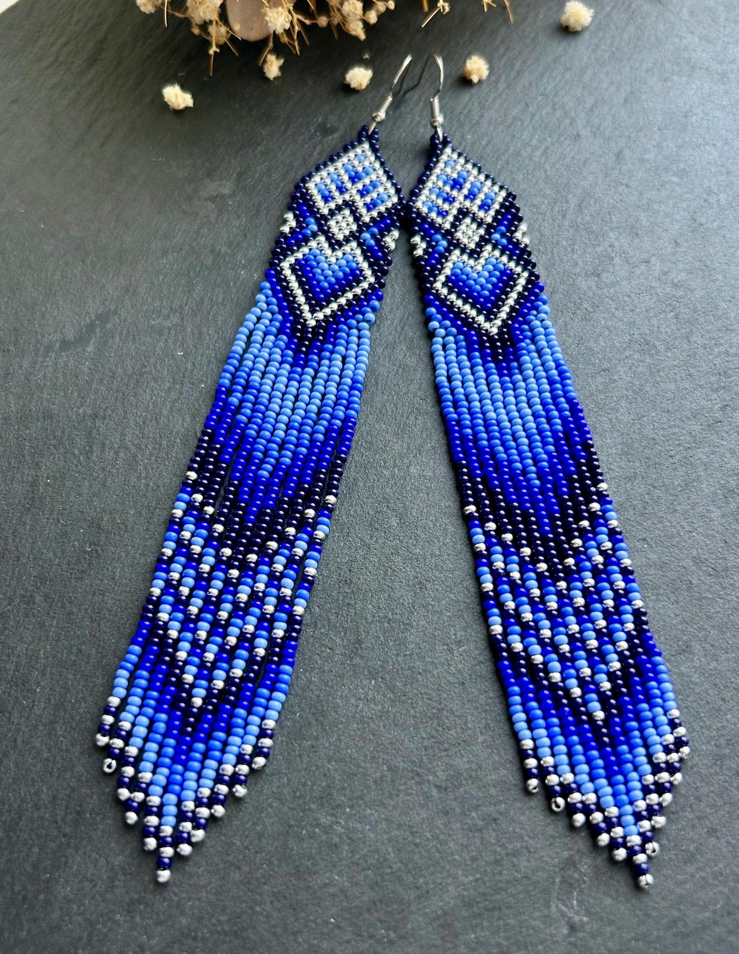 Handmade long blue beaded boho earrings with fringe and silver accents. Native style statement jewelry, unique artisanal accessory for bold style image 8