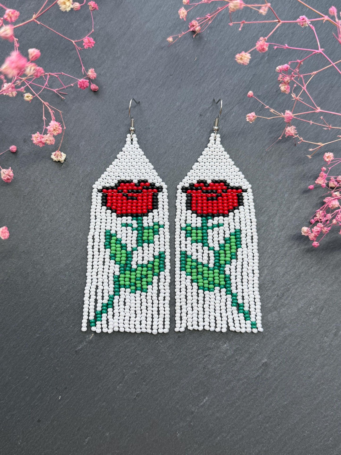 Unique long white beaded earrings with bright red rose and boho fringe. Handmade modern statement earrings for women, perfect gift for her image 1
