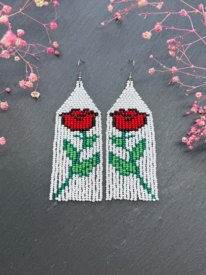 Unique long white beaded earrings with bright red rose and boho fringe. Handmade modern statement earrings for women, perfect gift for her image 1